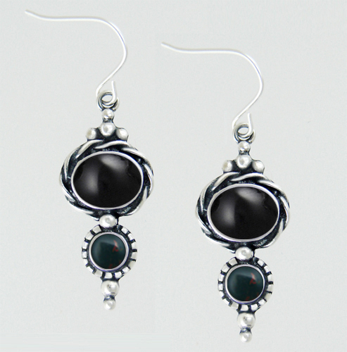 Sterling Silver Drop Dangle Earrings With Black Onyx And Bloodstone